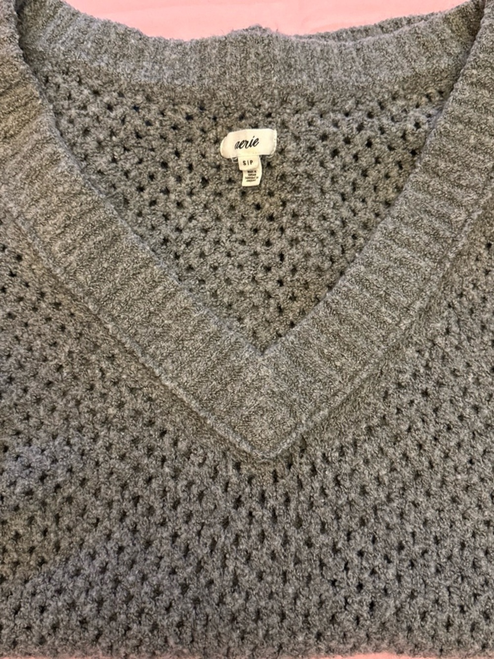 aerie Charcoal Gray V-Neck Open Knit Sweater